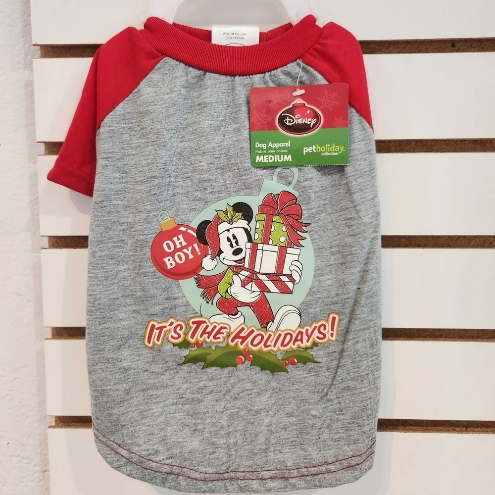 Disney Mickey Mouse Festive Red Gray Dog Christmsd Tee - Picture 1 of 2